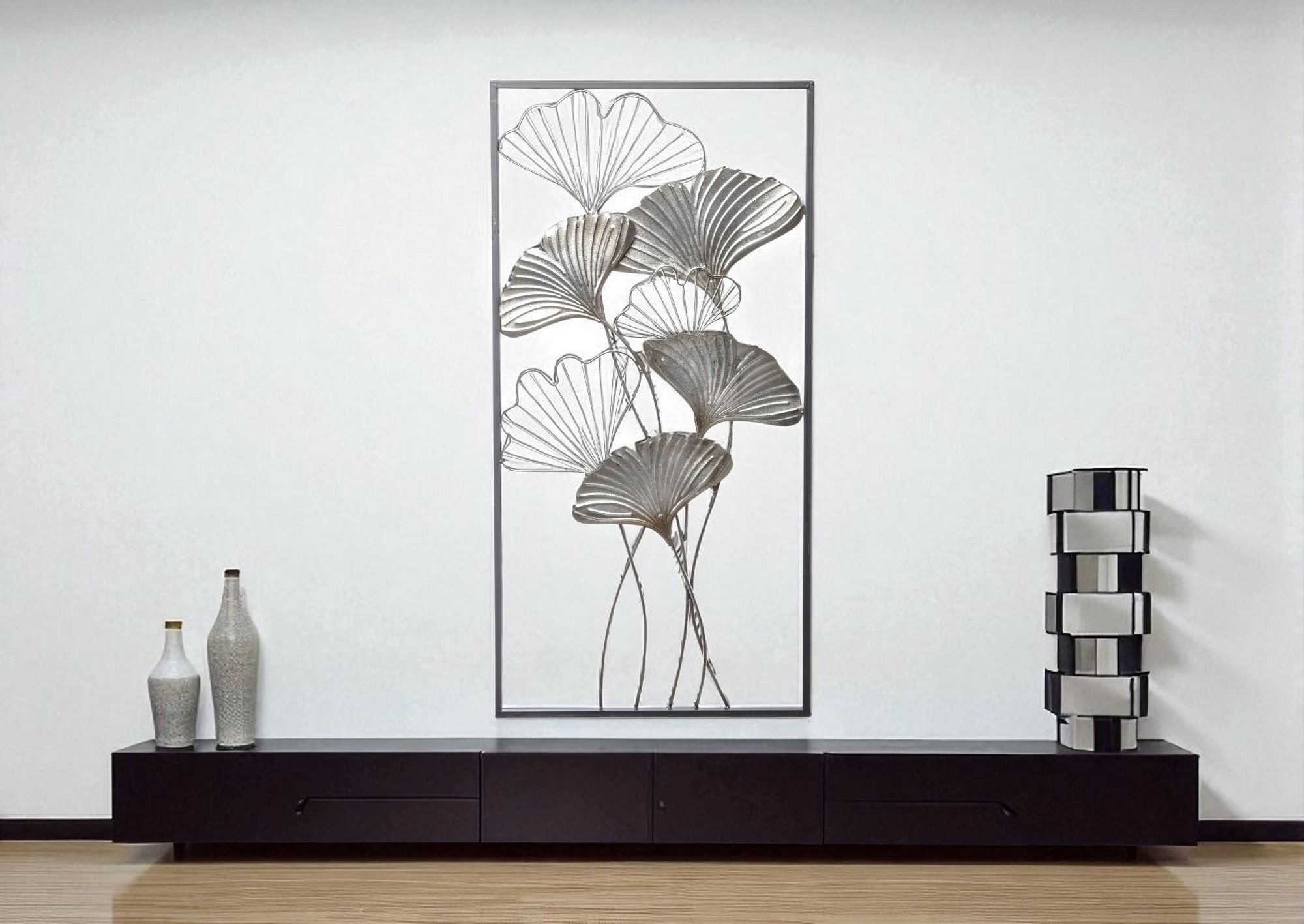 Dekoracja ścienna metalowa Liście srebrno - czarne 129384