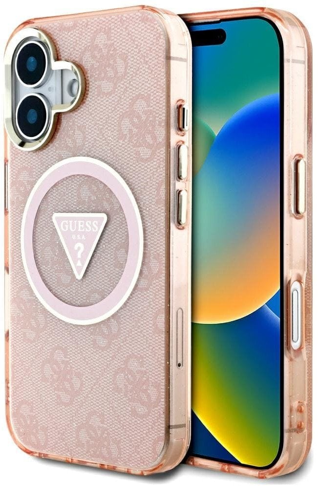 Case Guess IML Metal Glitter 4G Circle Triangle MagSafe for iPhone 16 pink