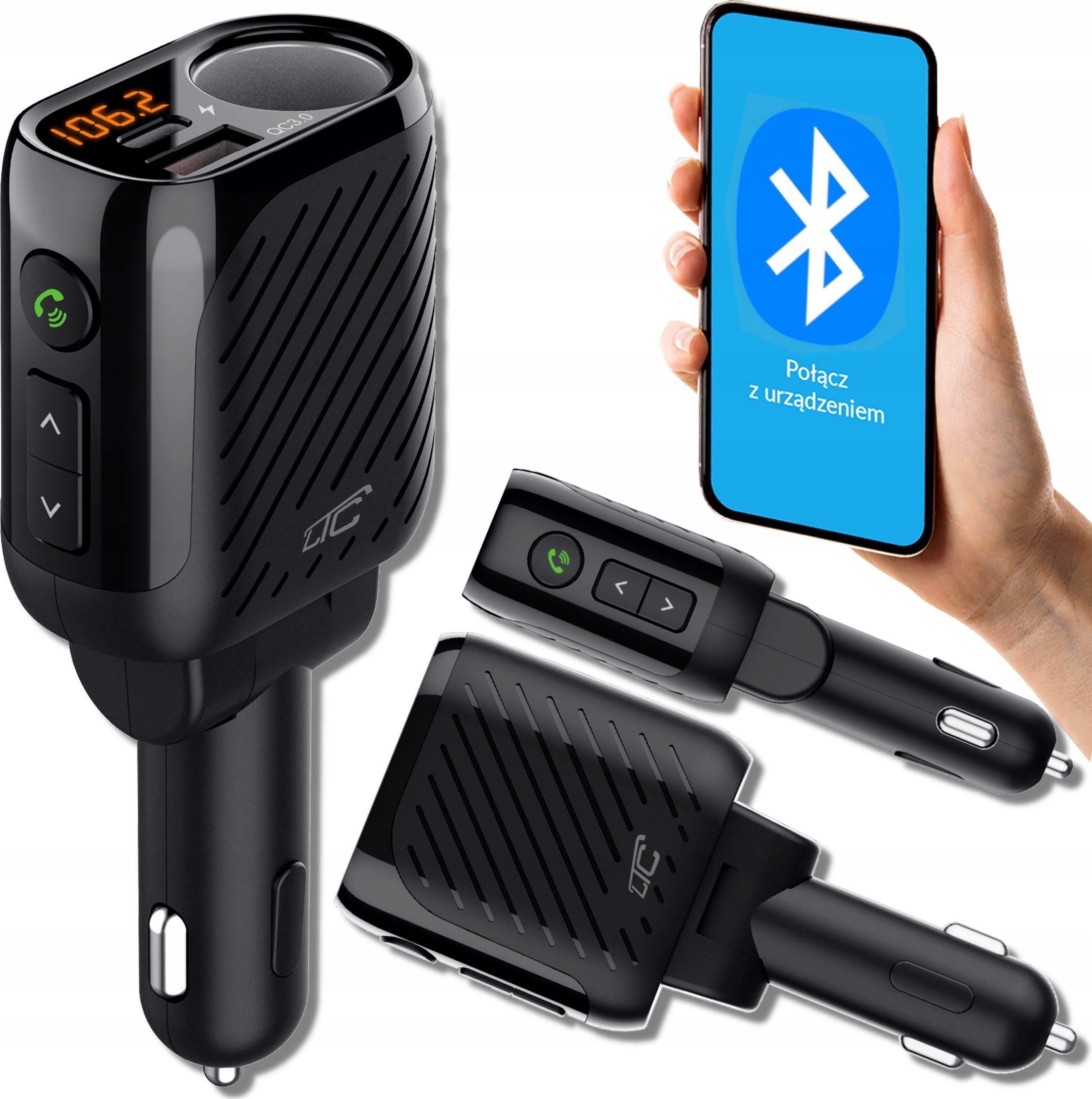 Transmiter FM LTC TRANSMITER BLUETOOTH V5.3 Z GN. ZAPALNICZKI 120W MIERNIK AKU. QC3.0+Type-C (PD 20W)