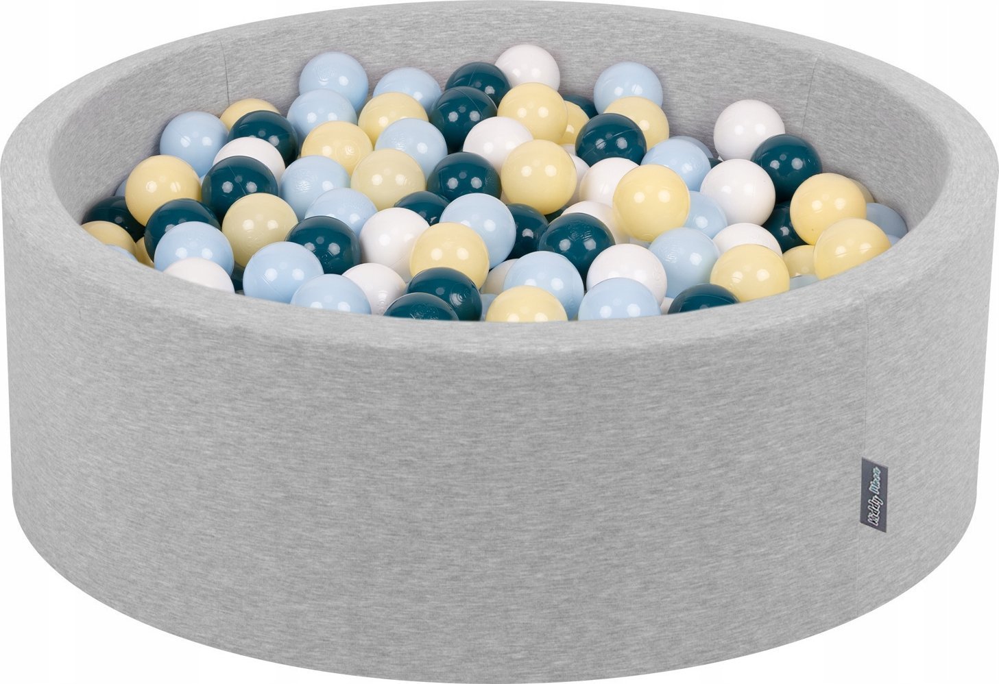 KiddyMoon Suchy basen okrągły z piłeczkami 7cm jasnoszary: ciemny turkus-pastelowy niebieski-pastelowy żółty-biały 90x30cm/200piłek Zabawka basen pian