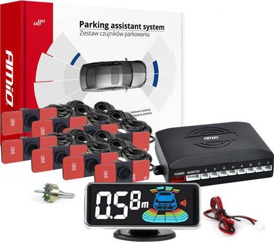 AMiO Czujniki parkowania cofania czarne wewnętrzne 16,5mm 8szt LED 3D AMIO-03196