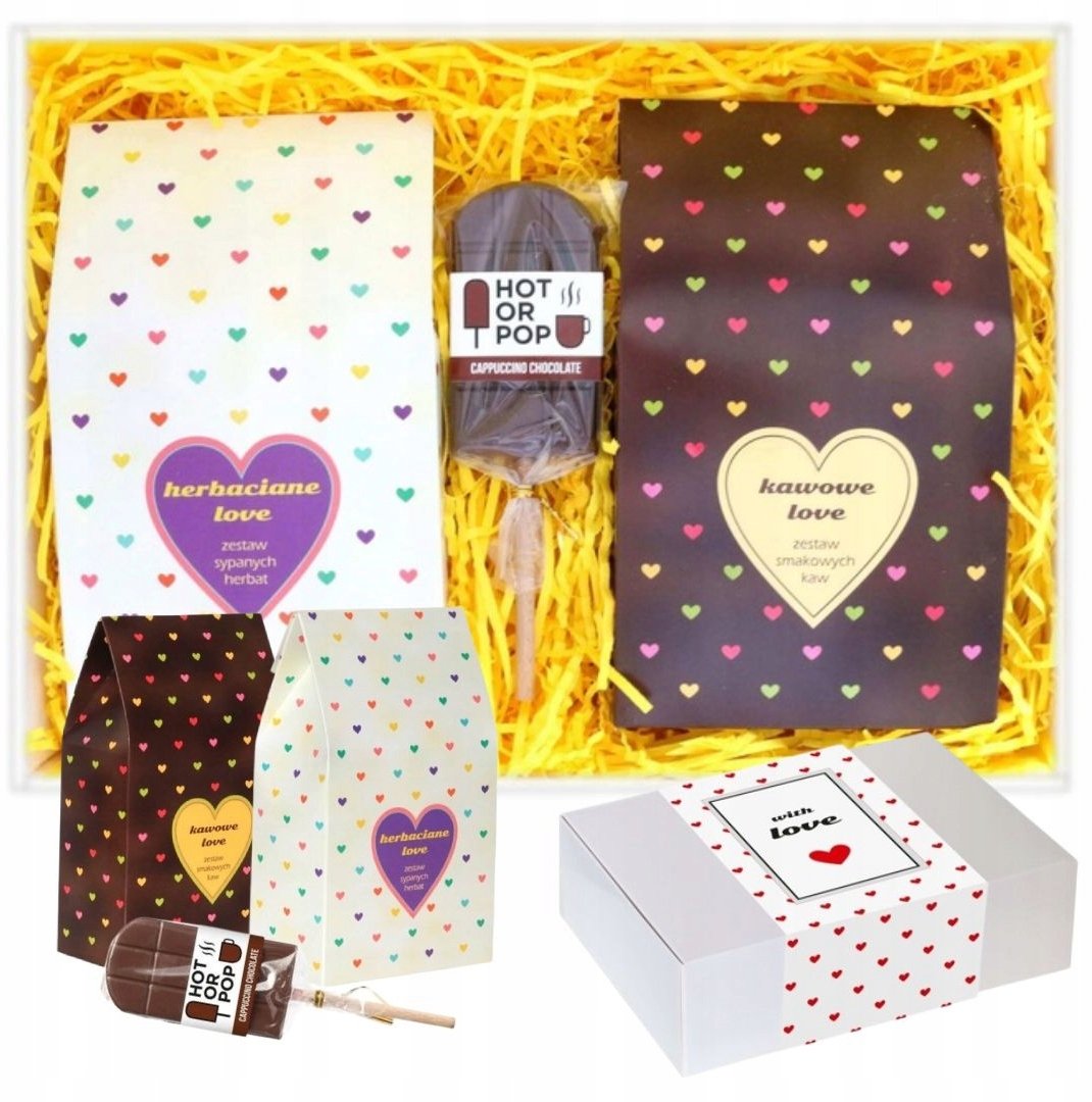 Zestaw prezentowy upominkowy "LOVE BOX" - kawy, herbaty, lizak czekoladowy - prezent upominek na walentynki dla chłopaka dziewczyny niej niego żony mę