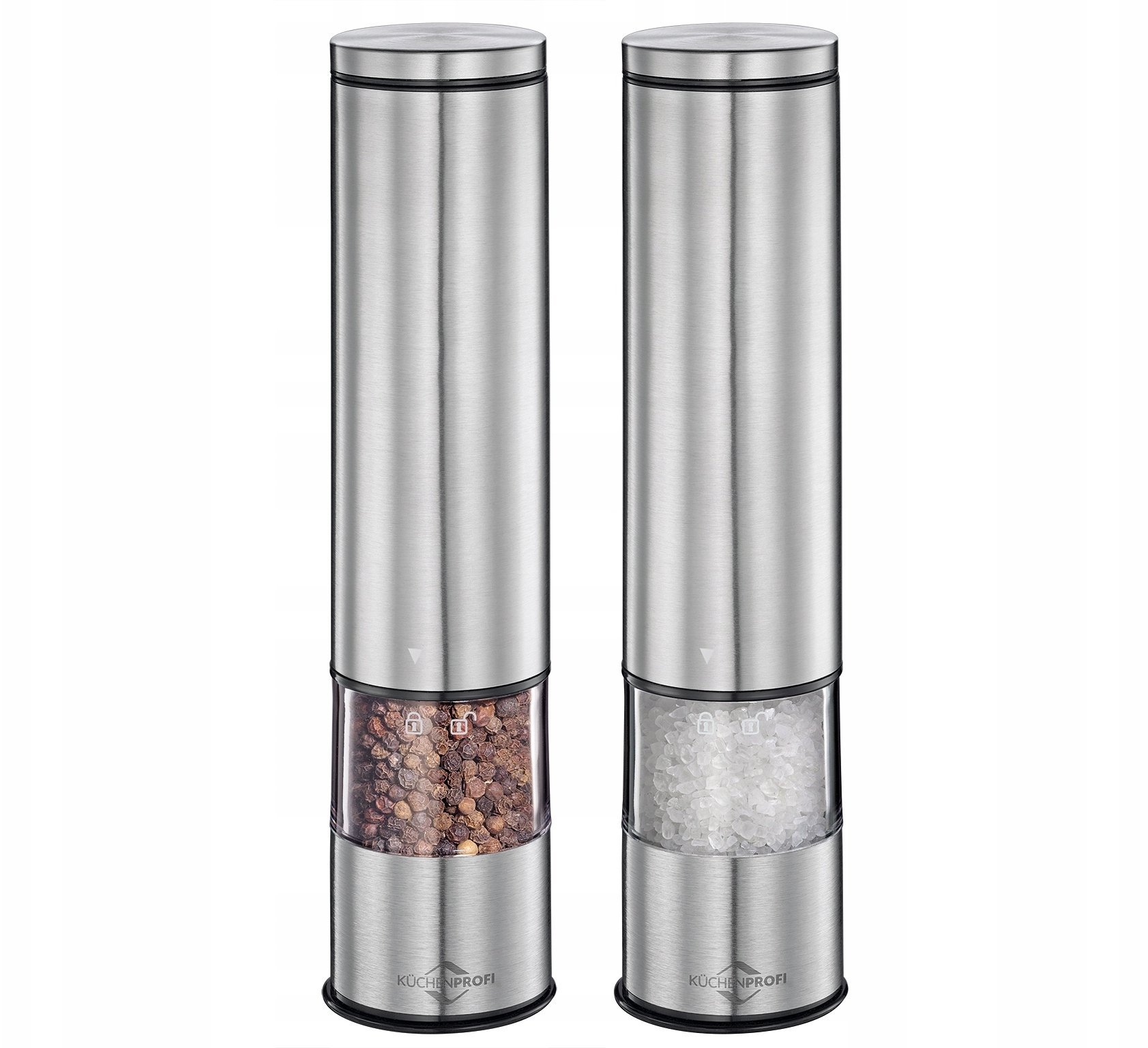 Młynek do przypraw Küchenprofi Boston - Młynek elektryczny do soli i pieprzu z ceramicznym mechanizmem mielącym srebrny 23x5 cm 2 szt.