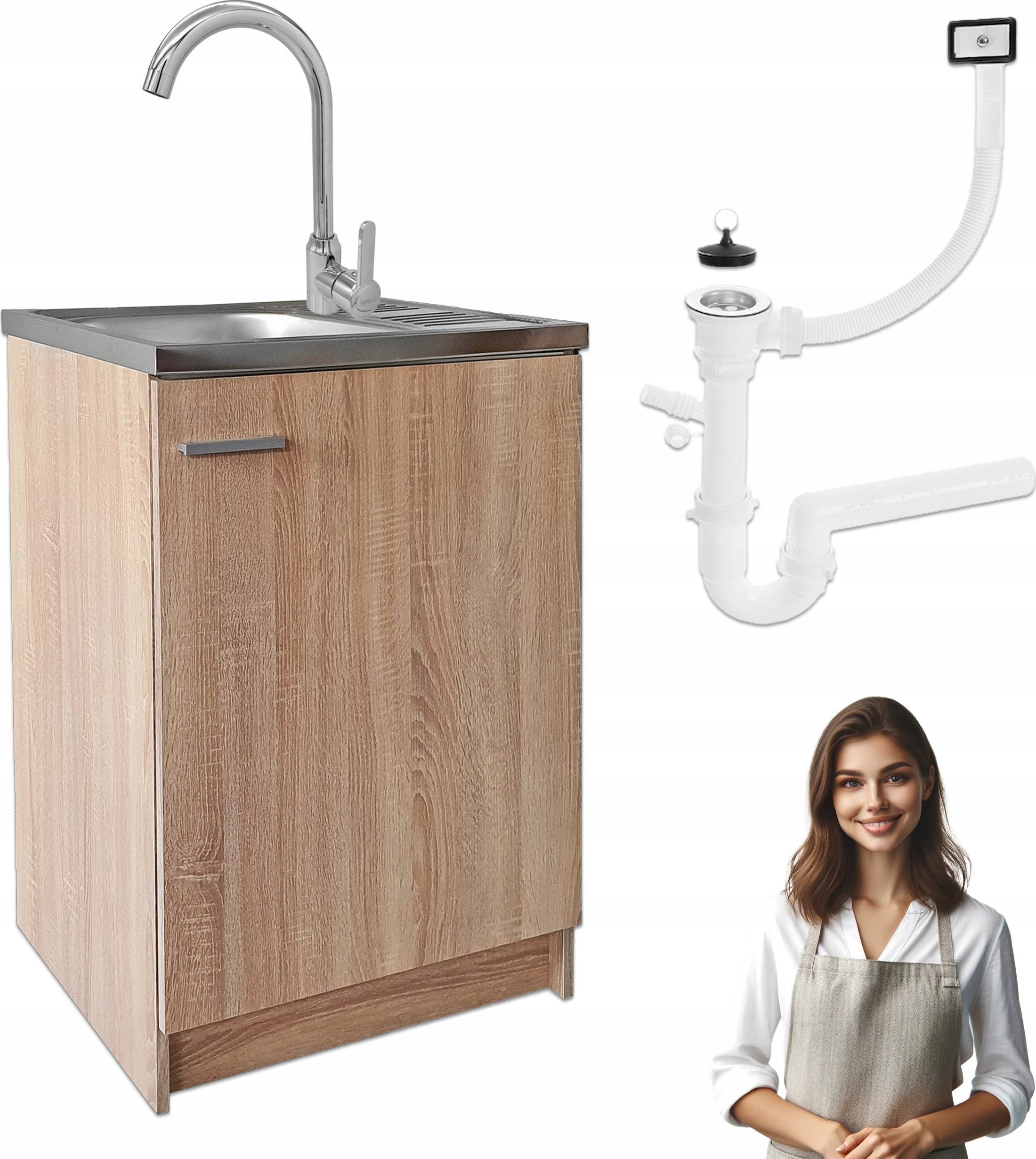 Stamar Szafka Kuchenna Sonoma 60 Slim + Zlew Deante + Bateria Wysoka Chrom + Syfon