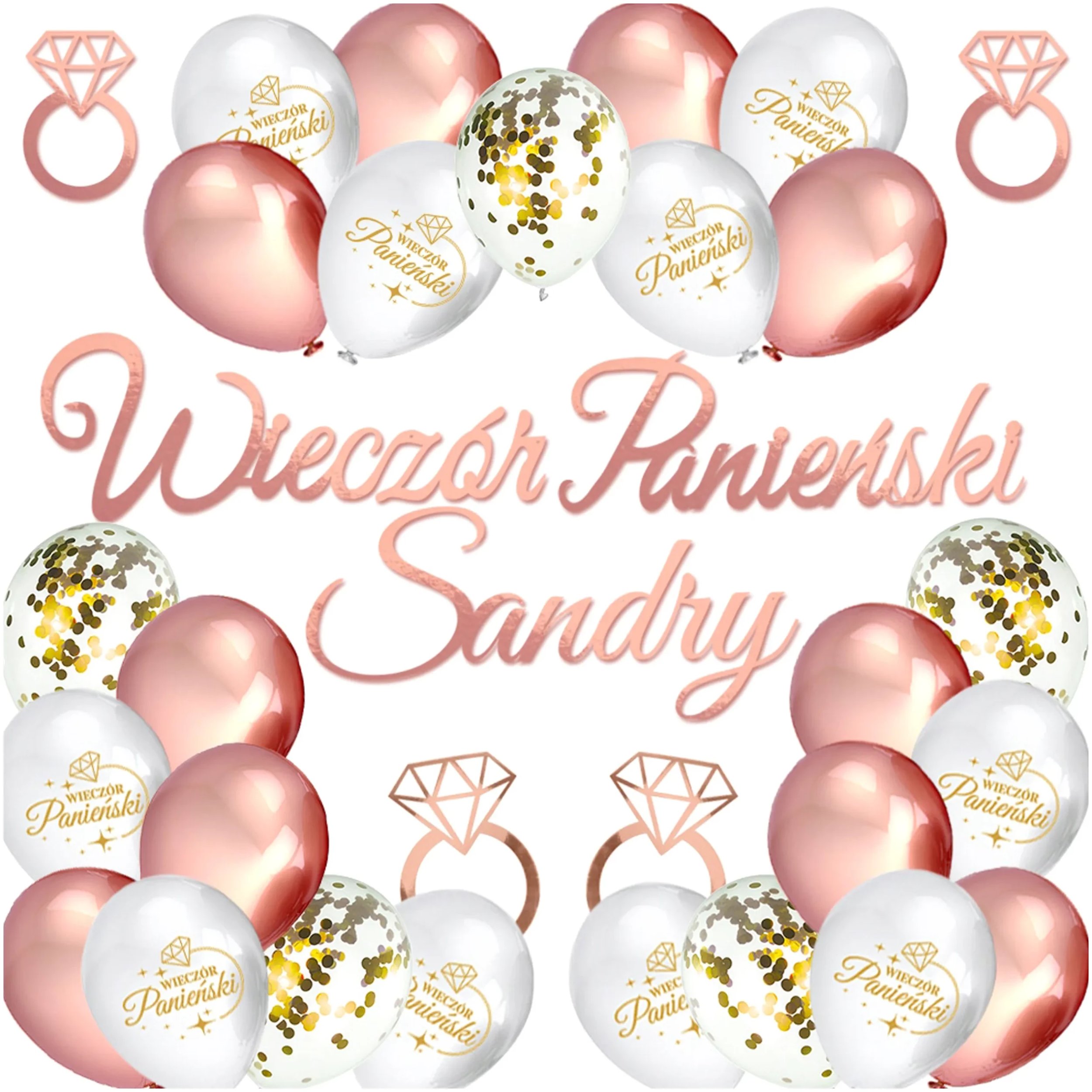 Zestaw Panieński Balony Baner Toppery Z Pierścionkami Rose Gold