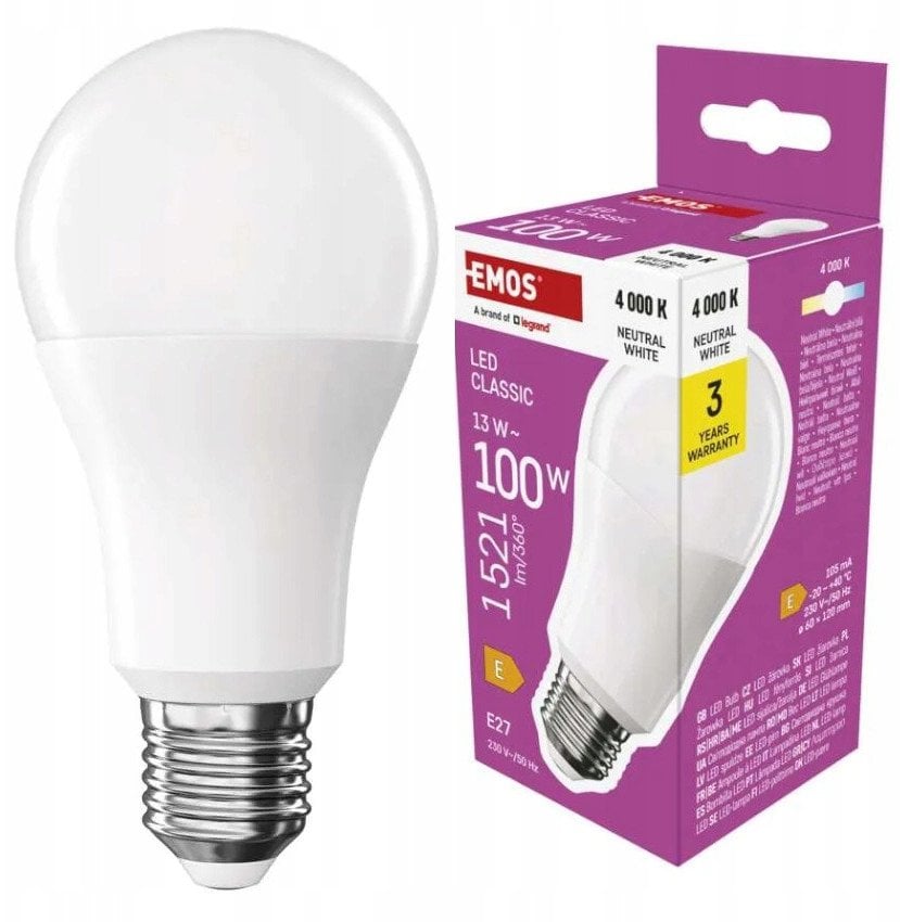 LED �ar�wka EMOS Lighting E27, 220-240V, 13.2W, 1521lm, 4000k, neutralna biel, 30000h, Classic A60 120x60x60mm