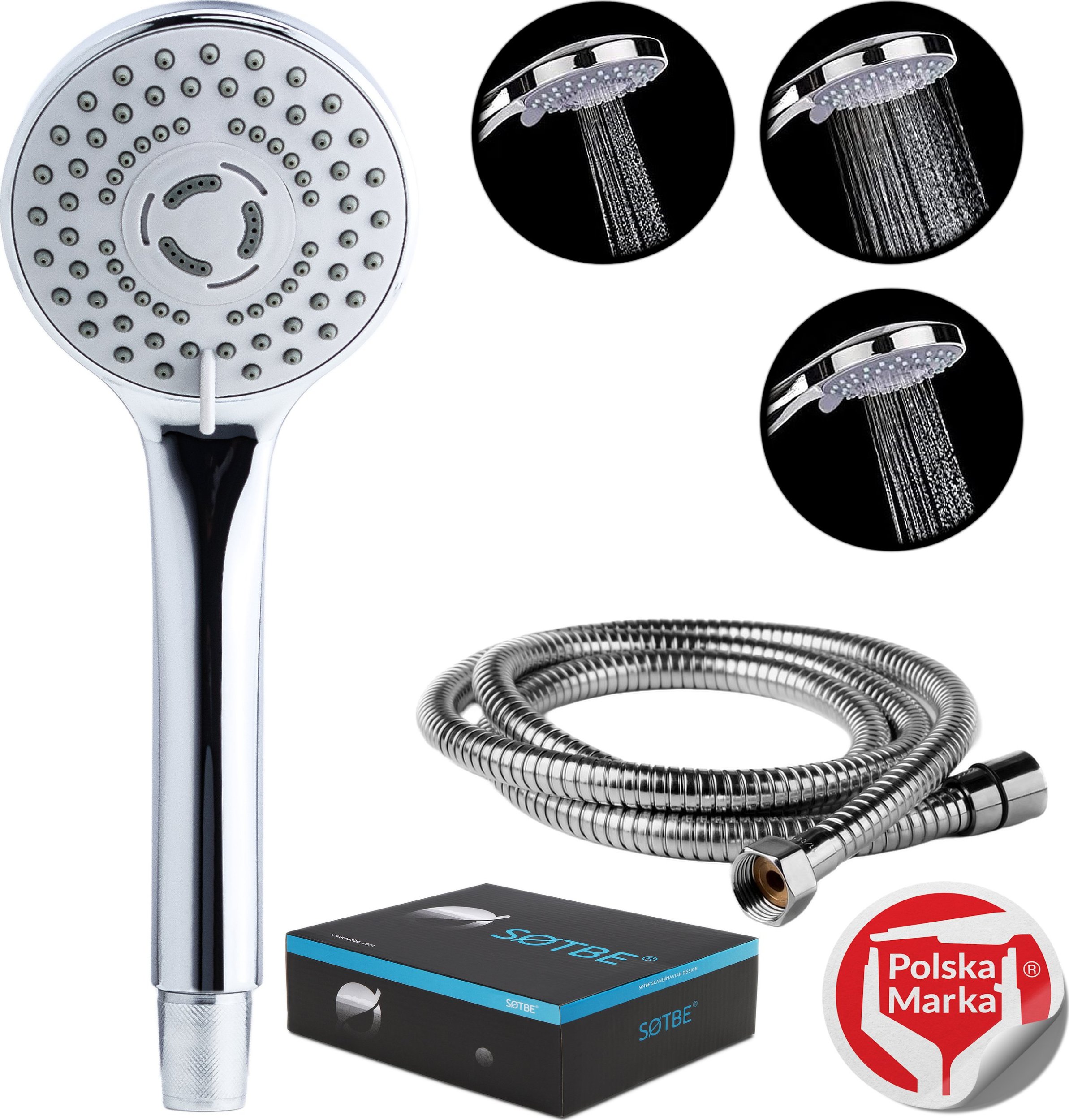 Wąż prysznicowy Sotbe SOTBE ZESTAW Słuchawka prysznicowa 3 zakresowa z wężem