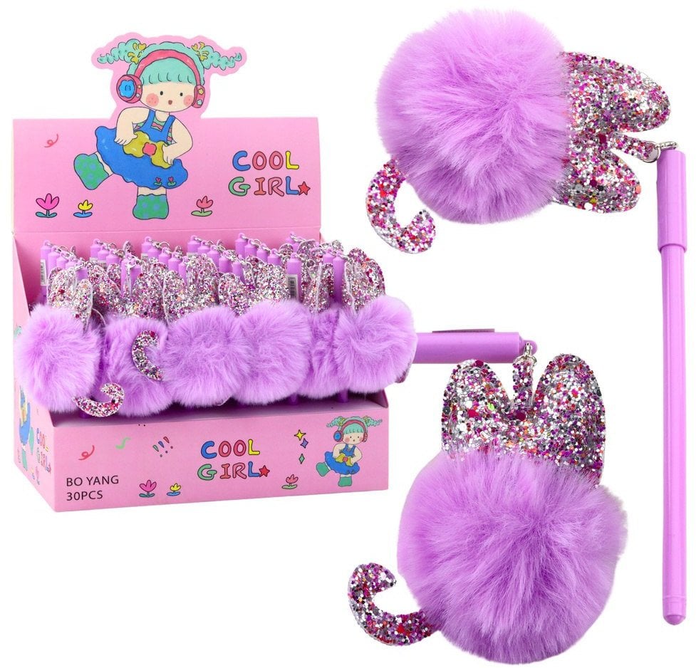 Długopis Żelowy Zatyczka Z Fioletowym Pomponem Niebieski Tusz 17cm 0.5mm LEAN