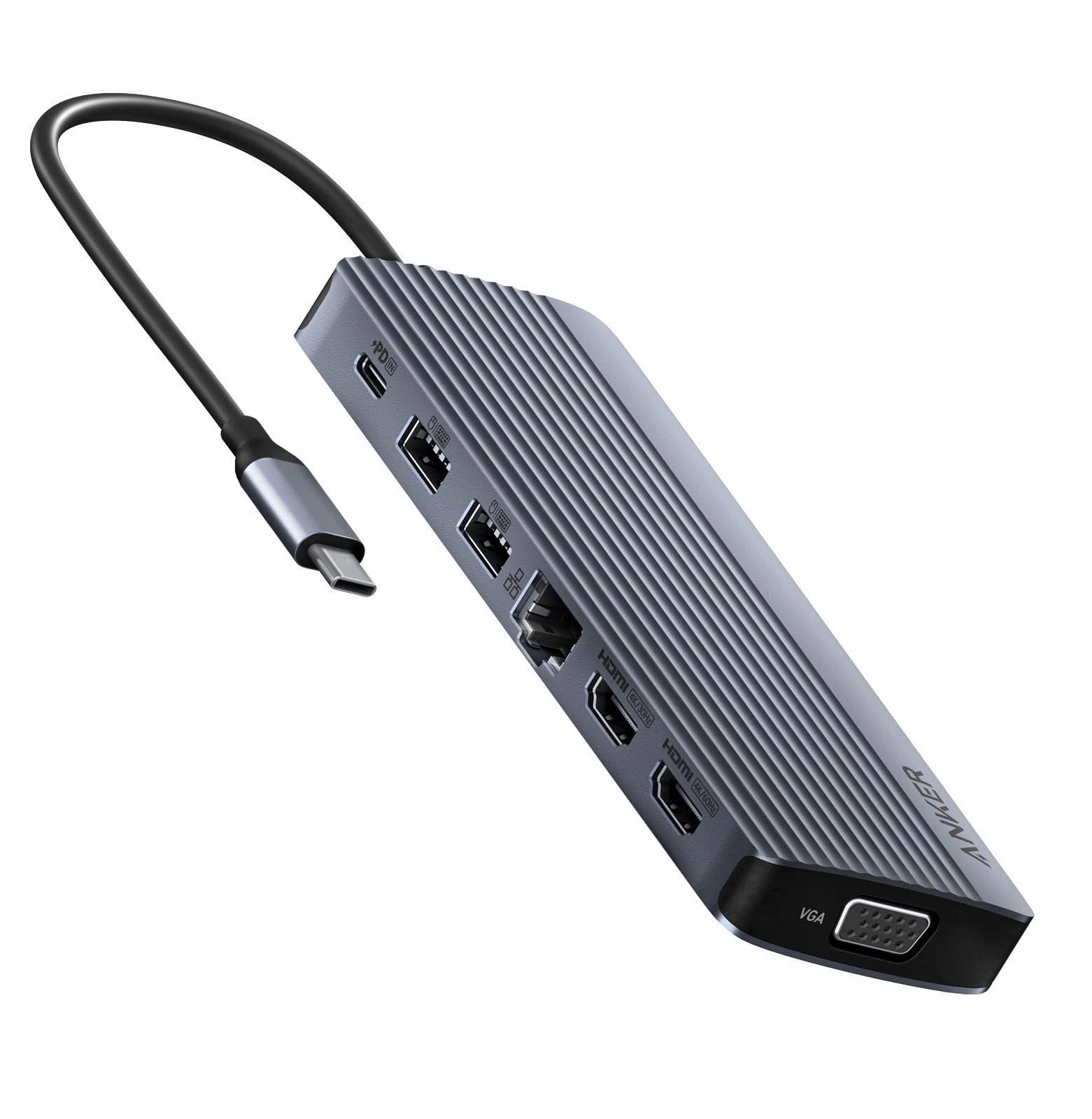 Anker USB-C Hub (14-in-1) Triple Display 1 x VGA 2 x HDMI 1 x Ehternet 1 x USB-C PD-IN (100W) 1 x USB-C 1 x USB-A 1 x micro SD 1 x Audio gray