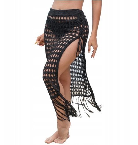 Pareo Na Plażę Zwiewna Luźna Spódnica Chusta Plażowa Czarna Na Lato Frędzle