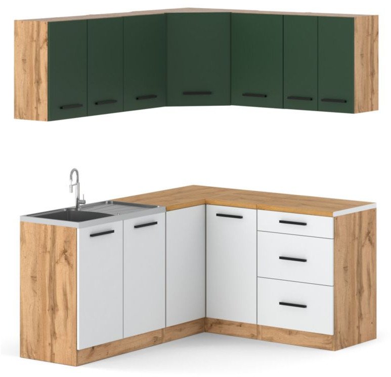 Kuchnia Duża Narożna Modułowa Blat 6.8m Rossa Wotan Butelkowa Zieleń Biała