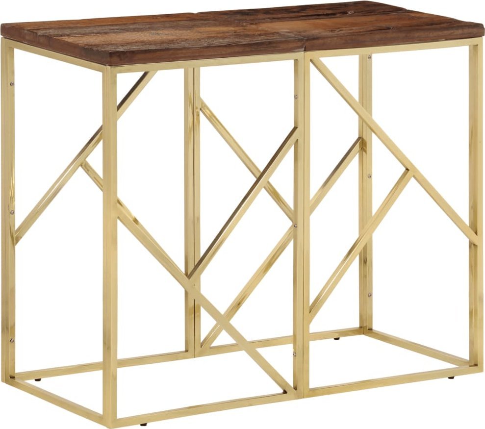 vidaXL Stolik konsolowy, złoty, stal nierdzewna i drewno z podkładów