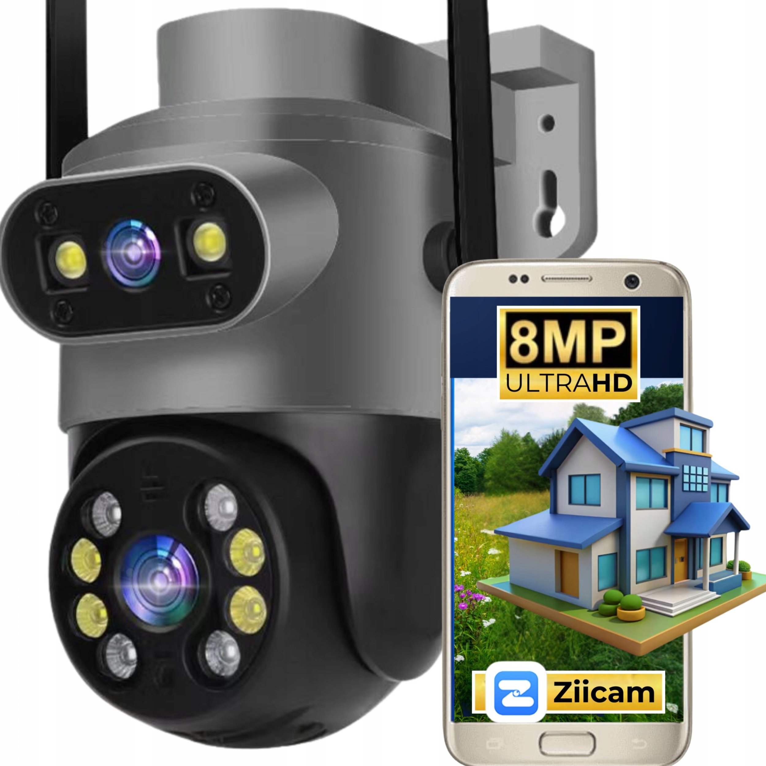 Podwójna Kamera WIFI IP Zewnętrzna Obrotowa 8MPX Detekcja Funkcje AI AUDIO [S-I]