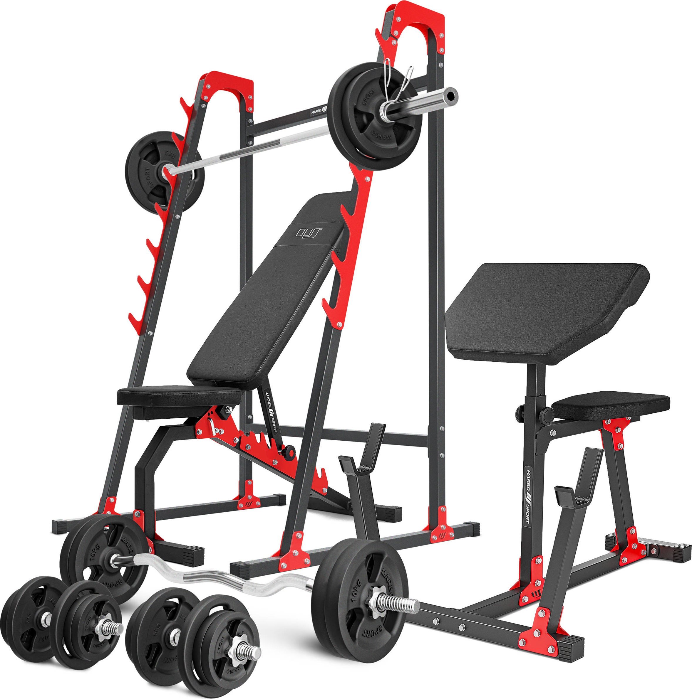 Zestaw MH10_166KG_KIER | Ławka dwustronna + stojaki wielopoziomowe + ławka scotta + zestaw gryfów i obciążeń - Marbo Sport
