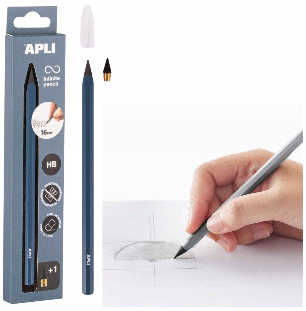 Ołówek wieczny APLI Infinite, HB, pudełko kart. z zawieszką, niebieski