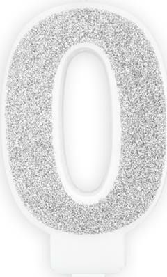 Świeczka urodzinowa, cyferka 0, srebrna brokatowa, 7 cm. uniwersalny