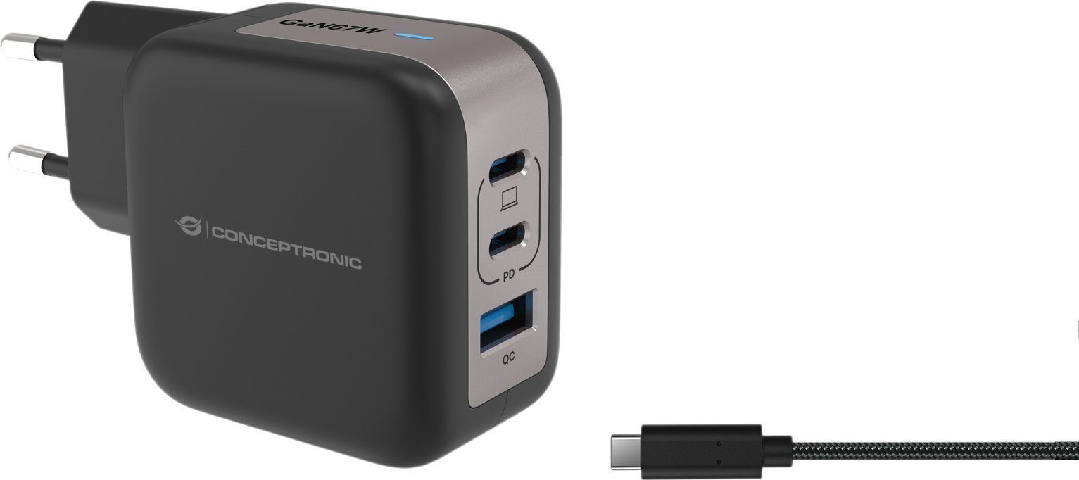 Ładowarka Conceptronic CONCEPTRONIC Ladegerät 3Port 67W,2xUSB-C,1xUSB-A 1.5m sw