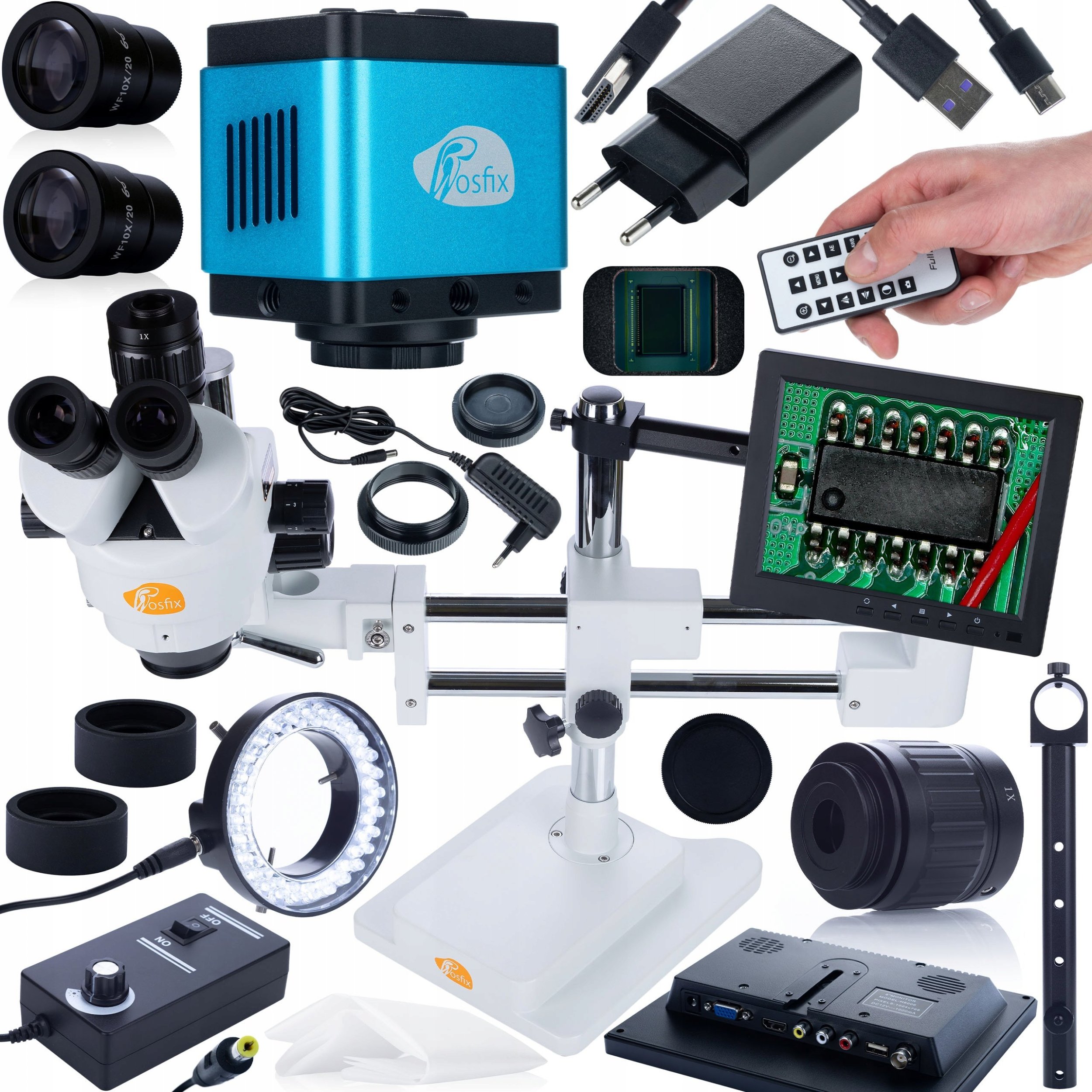 Mikroskop Rosfix ZESTAW MIKROSKOP STEREOSKOPOWY KAMERA OŚWIETLACZ WYŚWIETLACZ 8 UCHWYT HQ
