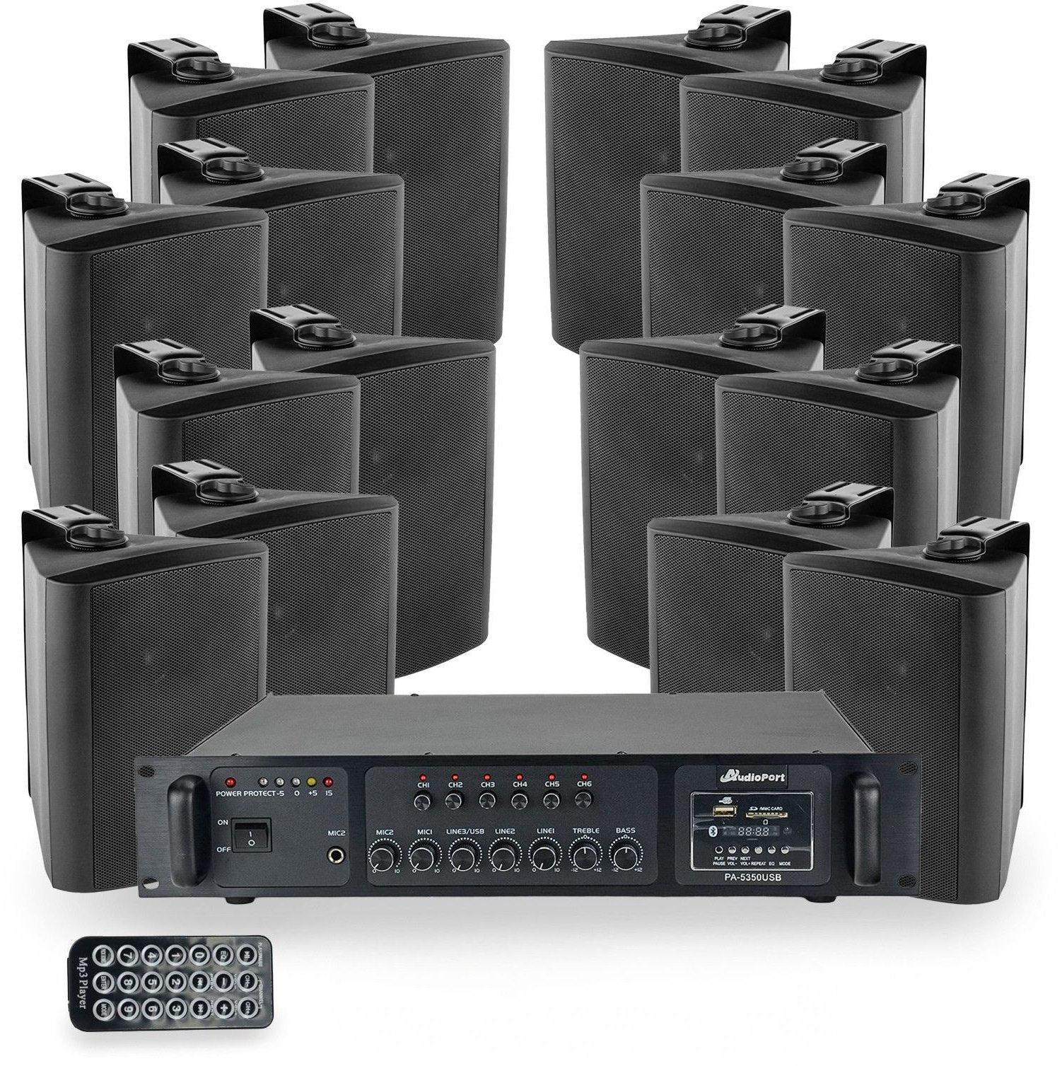 Zestaw czarnych głośników naściennych 16x 4'' ze wzmacniaczem 6 strefowym one size