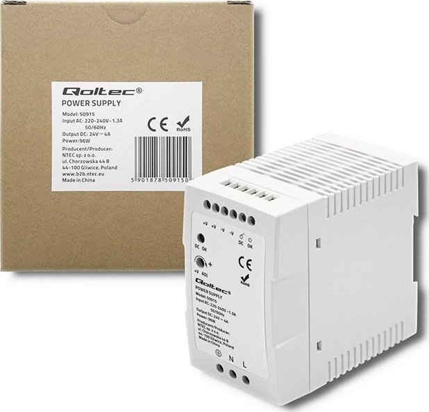Qoltec Zasilacz na szynę DIN | 96W | 24V | 4A | Biały | Slim