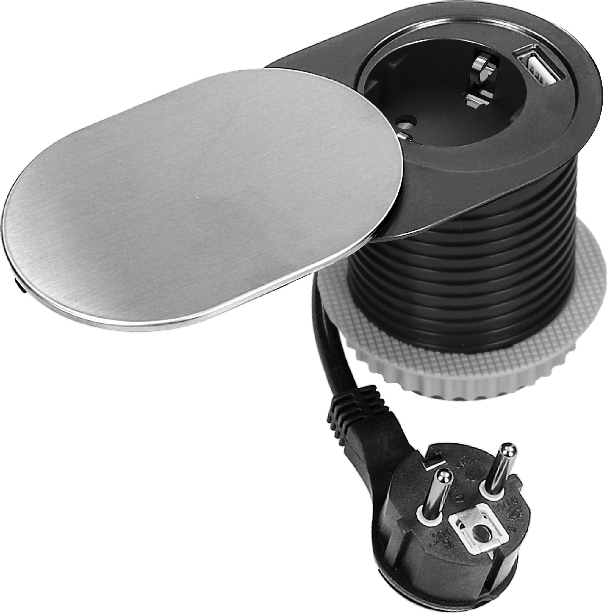 Orno Gniazdo meblowe ?6cm, wpuszczane w blat z przesuwną pokrywką, ładowarką USB i przewodem 1,9m, 1x2P+Z (Schuko), 1xUSB (typ A+C; PD20W), srebrne