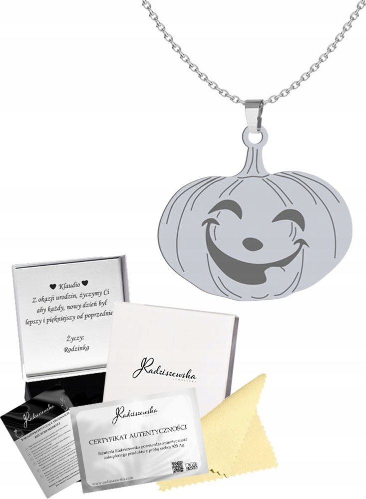 Radziszewska Jewellery Naszyjnik Srebrny z Dynią na Halloween Łańcuszek Srebro 925 Prezent Grawer