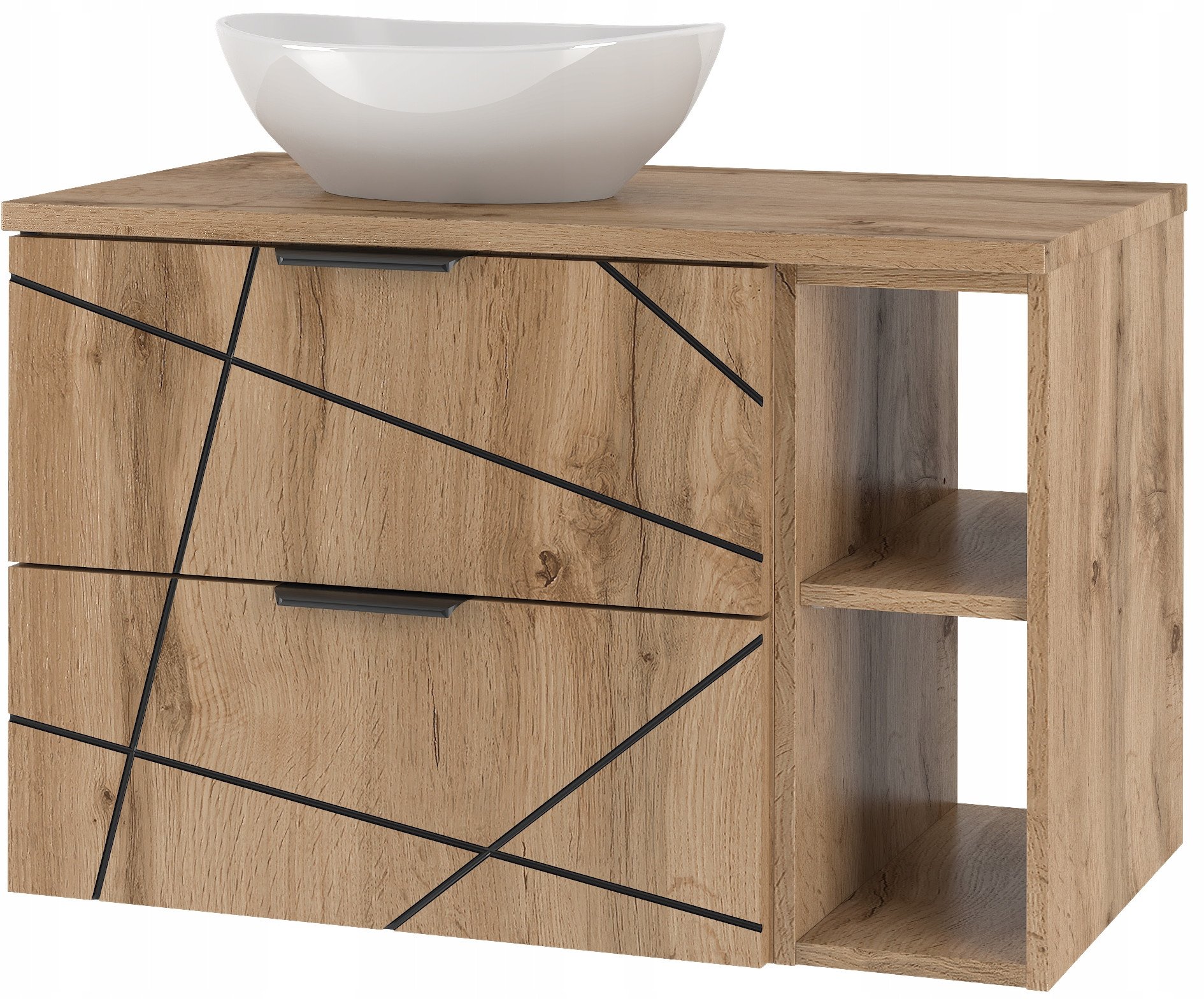 Szafka łazienkowa blatem 80 cm, regałem i umywalką WOOD szuflady DĄB WOTAN