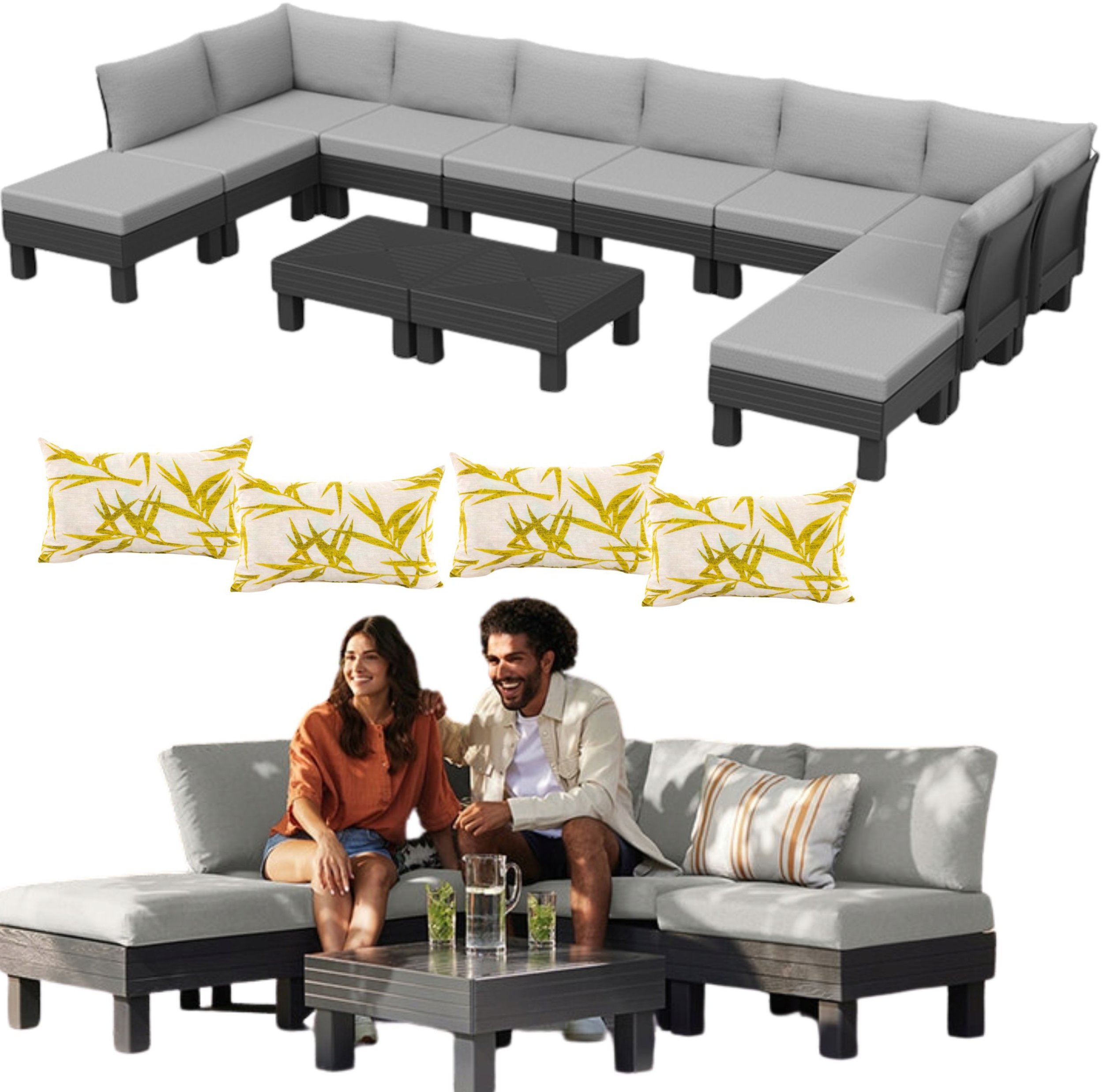 Keter Zestaw mebli ogrodowych modułowe Elements dla 10 osób grafitowy + 4x Poduszka Lena