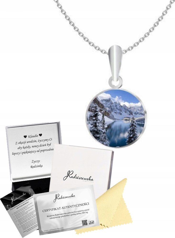 Radziszewska Jewellery Naszyjnik Srebrny Góry Jezioro Foto Biżuteria Prezent Łańcuszek 925 GRAWER