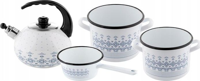 Emalia Pleszew Zestaw garnków emaliowanych i czajnika emaliowanego na indukcję Emalia Polska Pleszew Majolica + łyżka szwedzka Florina