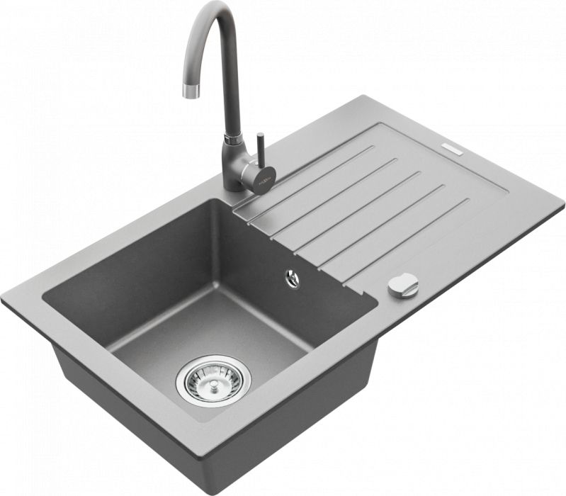 Zlewozmywak Mexen Pablo granitowy 1-komorowy z ociekaczem i baterią kuchenną Telma, szary - 6510-71-670200-71