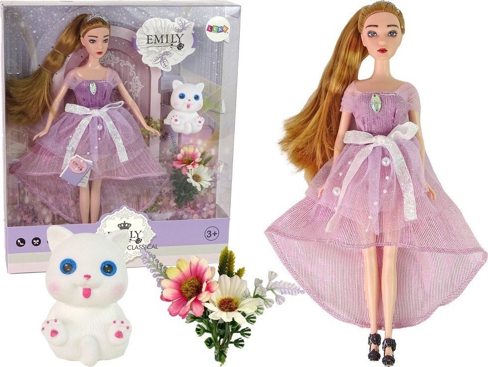 LeanToys Lalka Dla Dzieci Emily Długie Włosy Biały Kotek