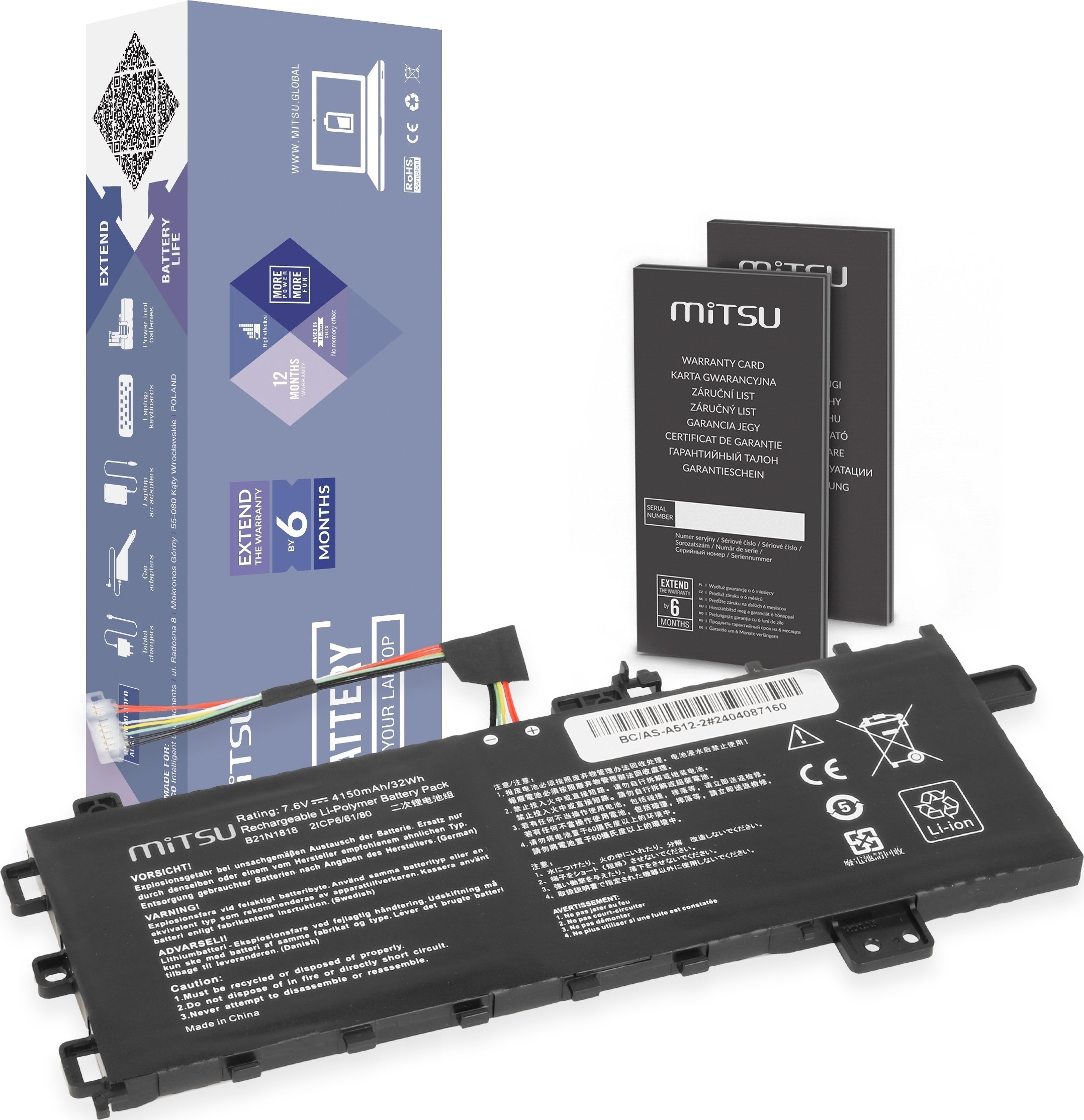 mitsu Bateria B21N1818 do Asus Vivobook 15 A512 R512 X512 4150 mAh (32 Wh) 7.6V (7.4V)
