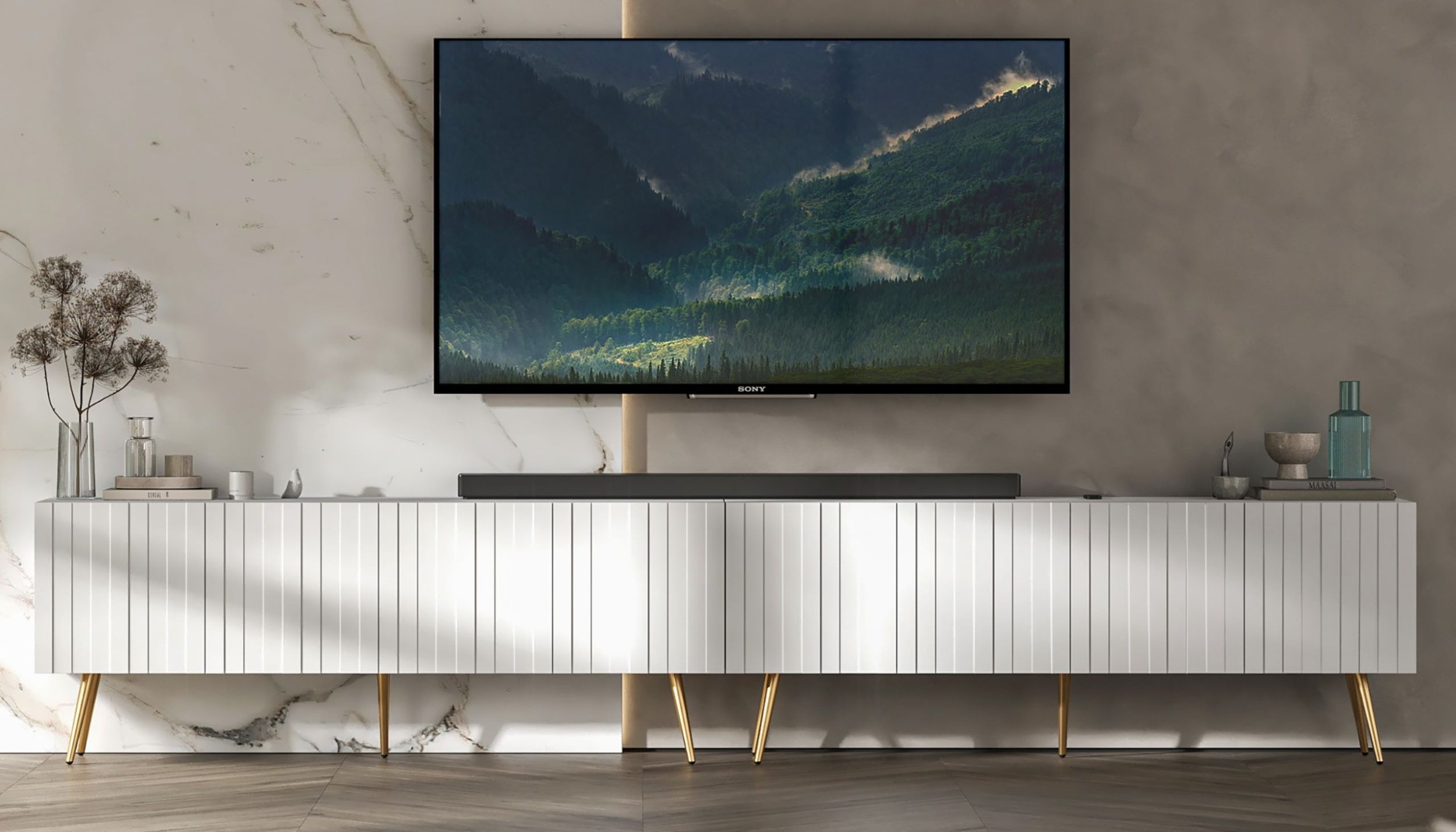 Meble Lindner Loft Szafka RTV Biały Mat Nowoczesna Komoda RTV Glamour 300 cm Ryflowane fronty Nogi Złote Metalowe