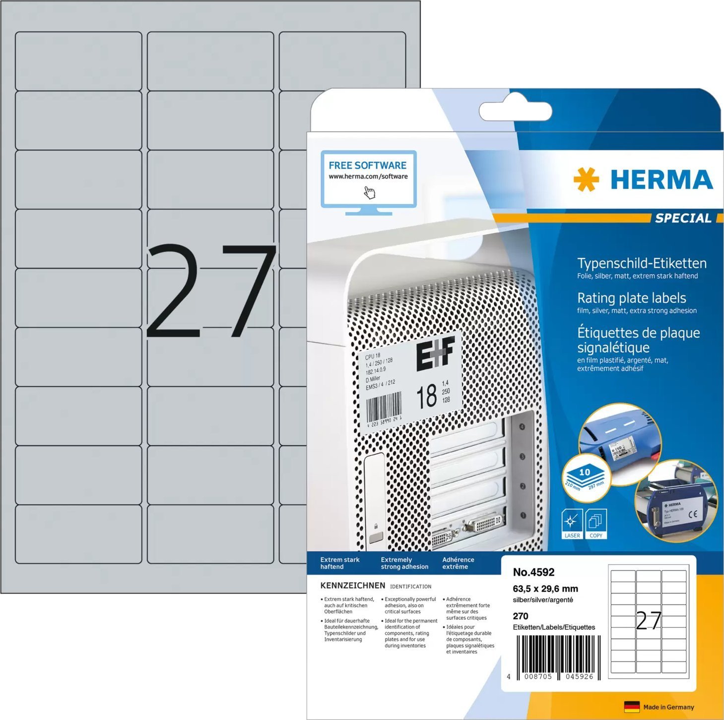 Herma HERMA Typenschildetiketten A4 63,5x29,6 mm Folie 270 St.