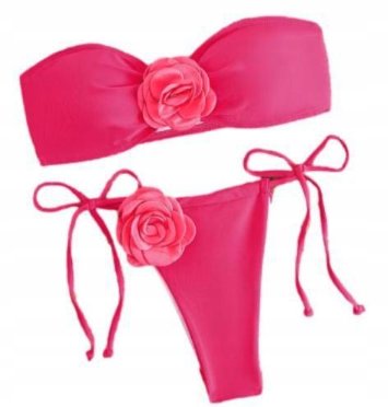 Strój kąpielowy dwuczęściowy z ozdobnymi kwiatami bandeau różowy XL