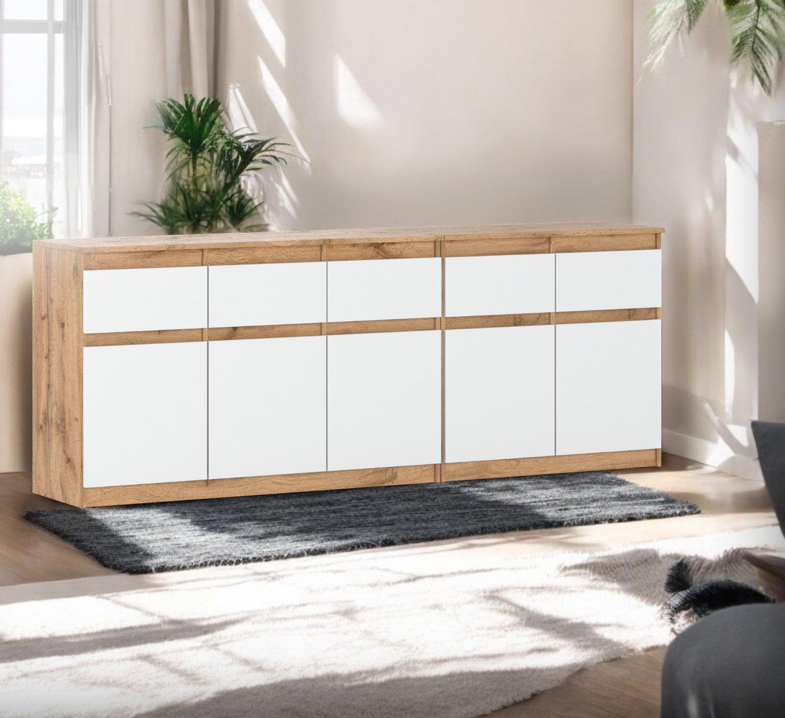 Komoda Do Salonu Best Oleksa 200cm 5 Szuflad Rtv Dąb Wotan Biały Połysk