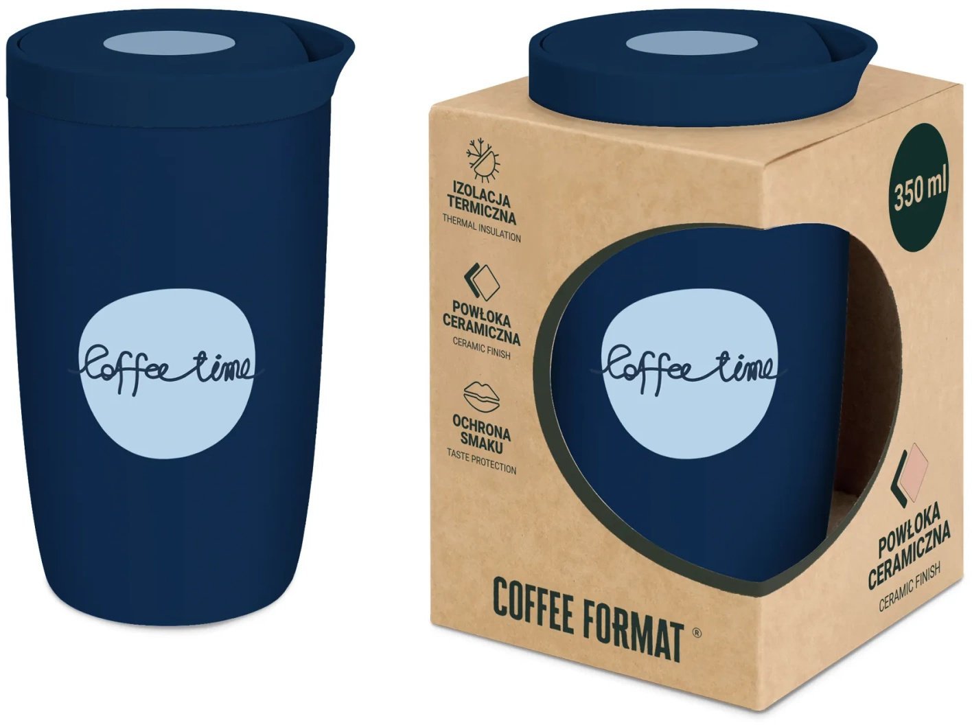 Coffee Format Kubek termiczny 350 ml - Niebieski z napisem