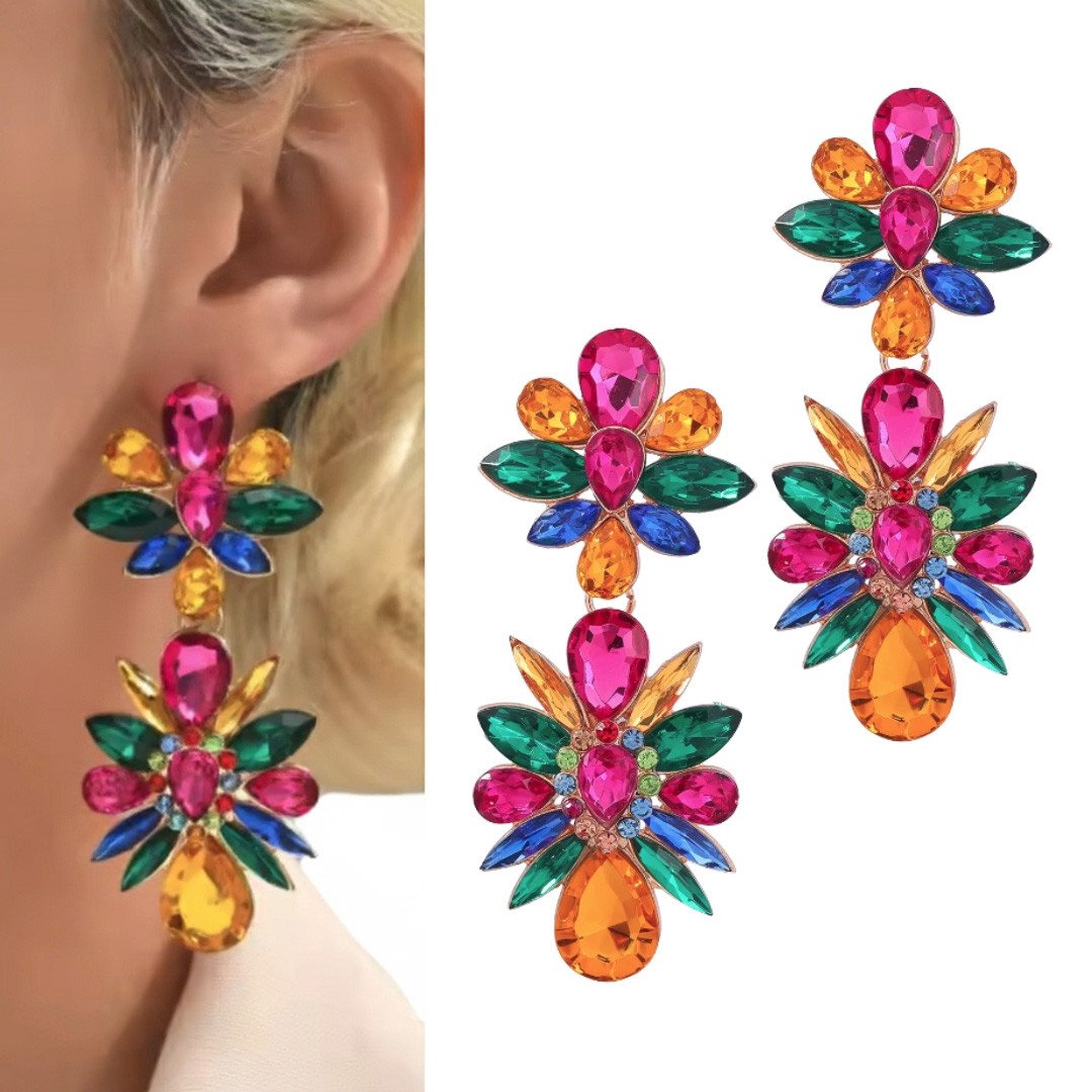 Kolczyki złote żywe kolory piękne wieczorowe glamour WESELE wiszące