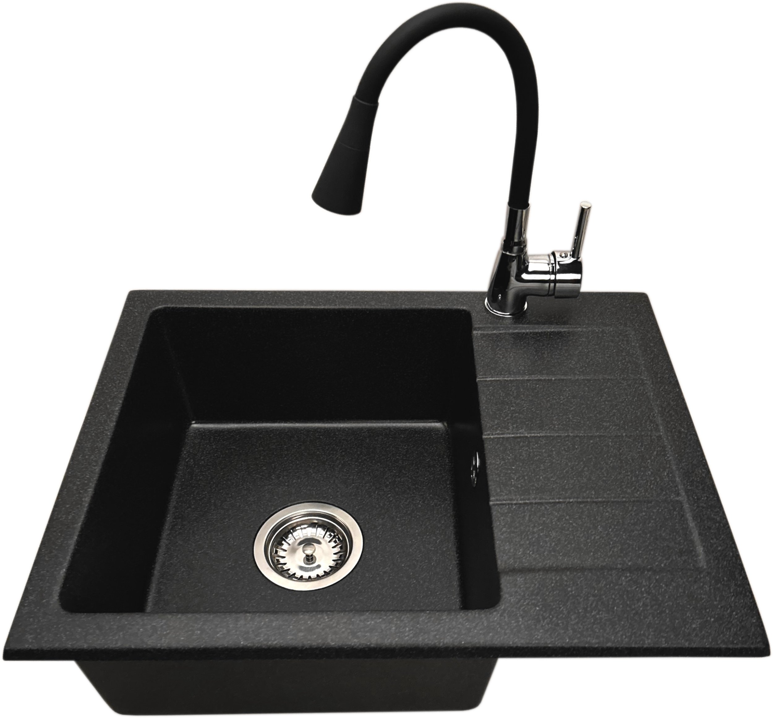 Zlewozmywak jednokomorowy z ociekaczem ADAL grafit z prawym ociekaczem + bateria flex LAGUNA