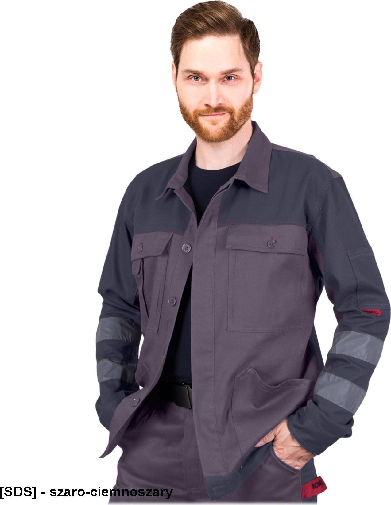 R.E.I.S. BOMULLX-J - bluza ochronna, rękawy pasy odblaskowe, 100% bawełna 260-270 g/m, zapinana na guziki, 6 kieszeni - szaro-ciemnoszary XL