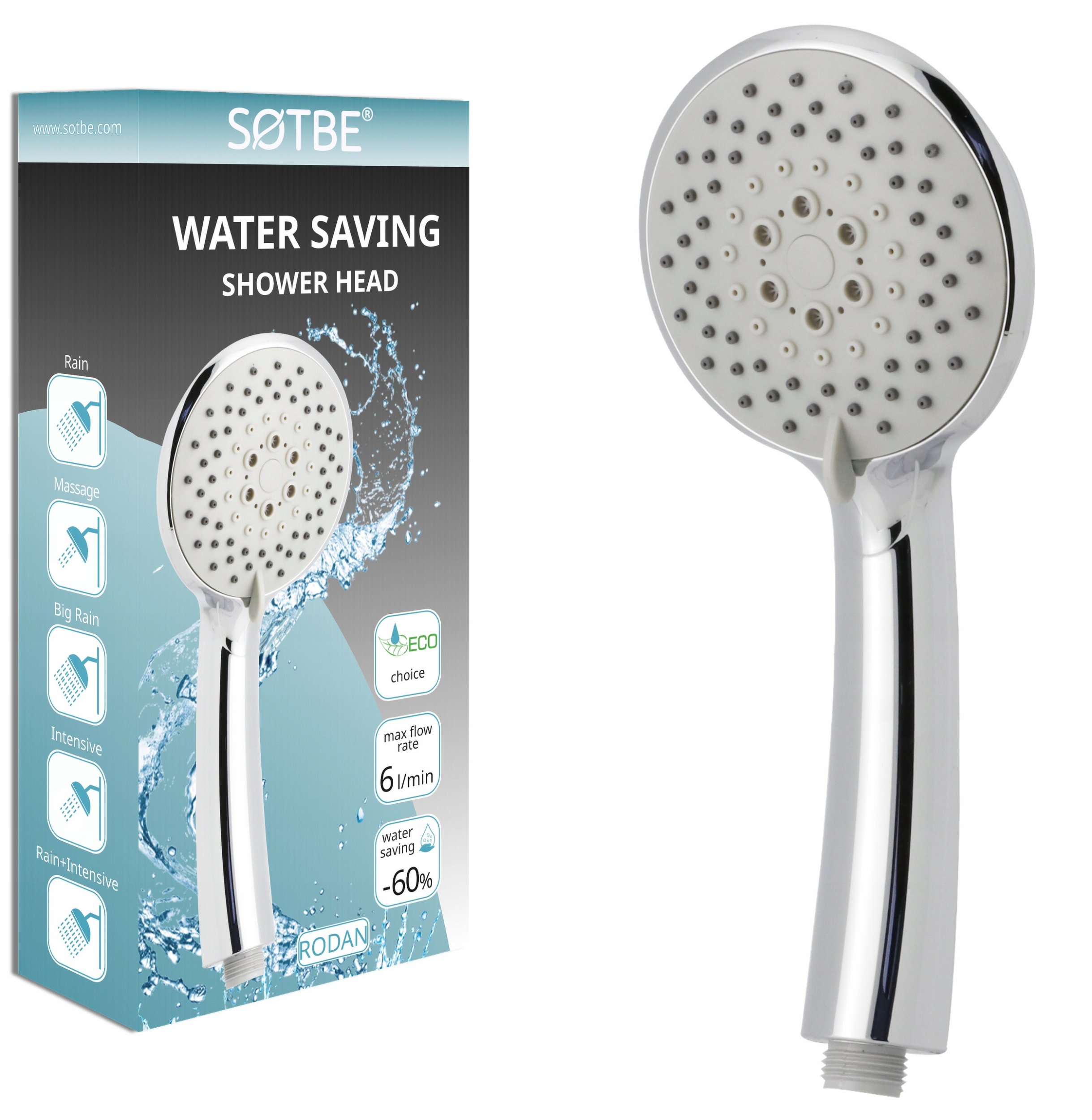 Wodooszczędna słuchawka prysznicowa głowica natryskowa 5 zakresów - 60%