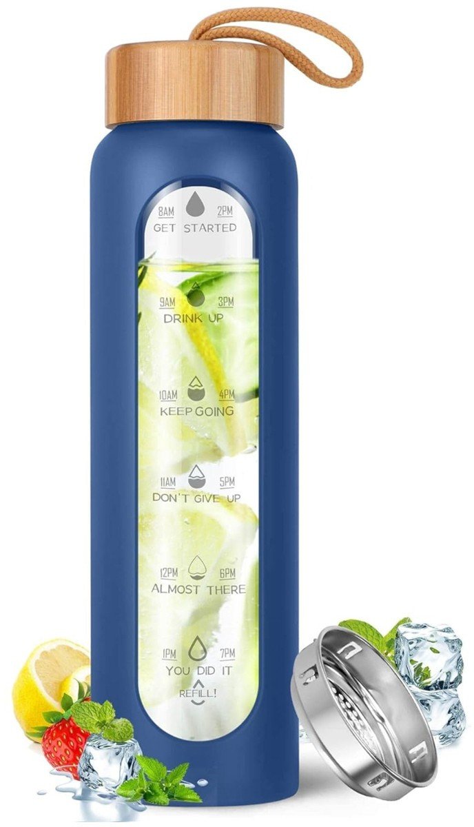 Szklana butelka na wodę 1l motywacyjna Supero, granatowa