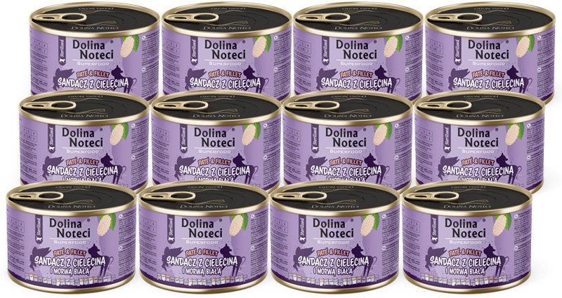 Mokra karma dla kota po sterylizacji sandacz z cielęciną i morwą białą Dolina Noteci Superfood Pasztet & Filet zestaw 12 x 185 g
