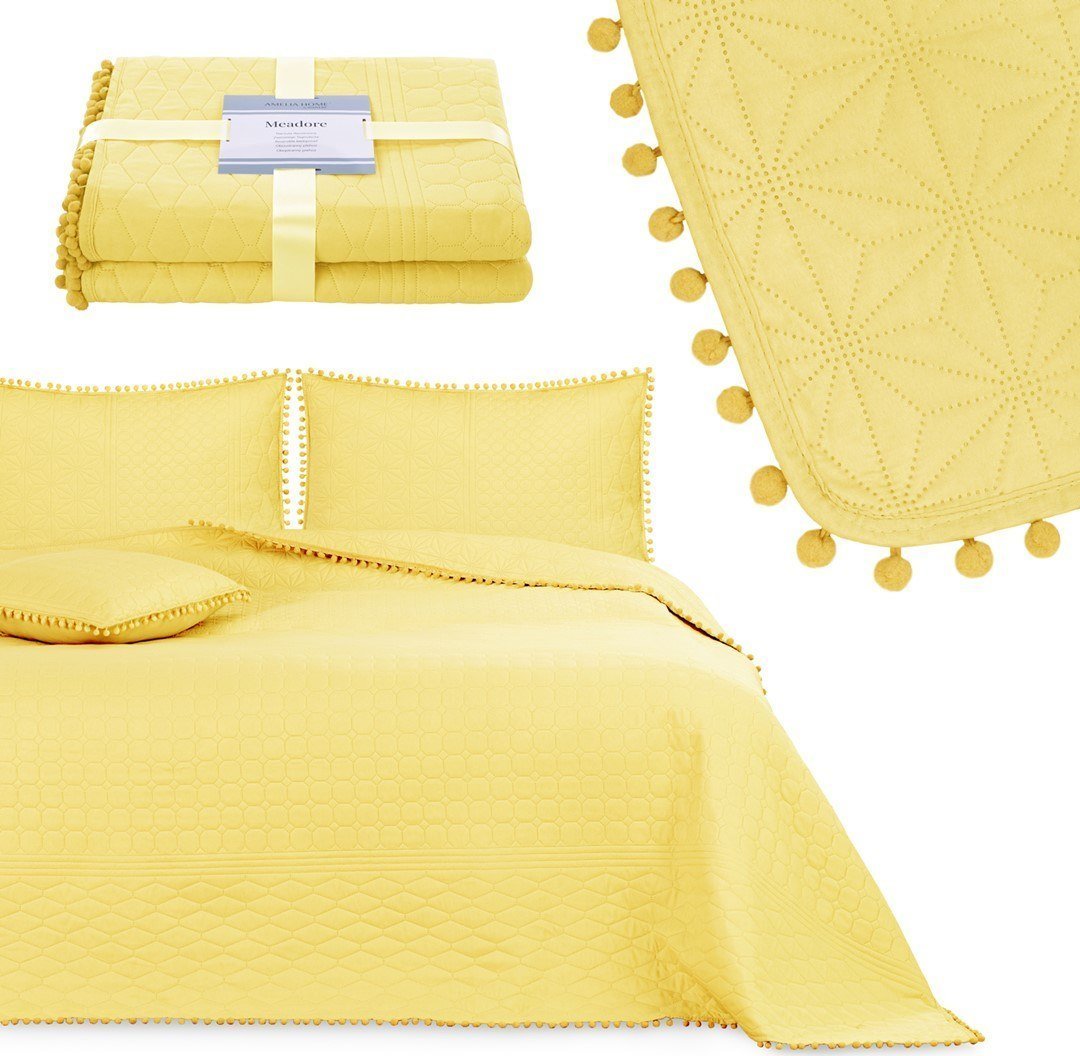 AmeliaHome AmeliaHome Narzuta pikowana z pomponami MEADORE 240x260 miodowa