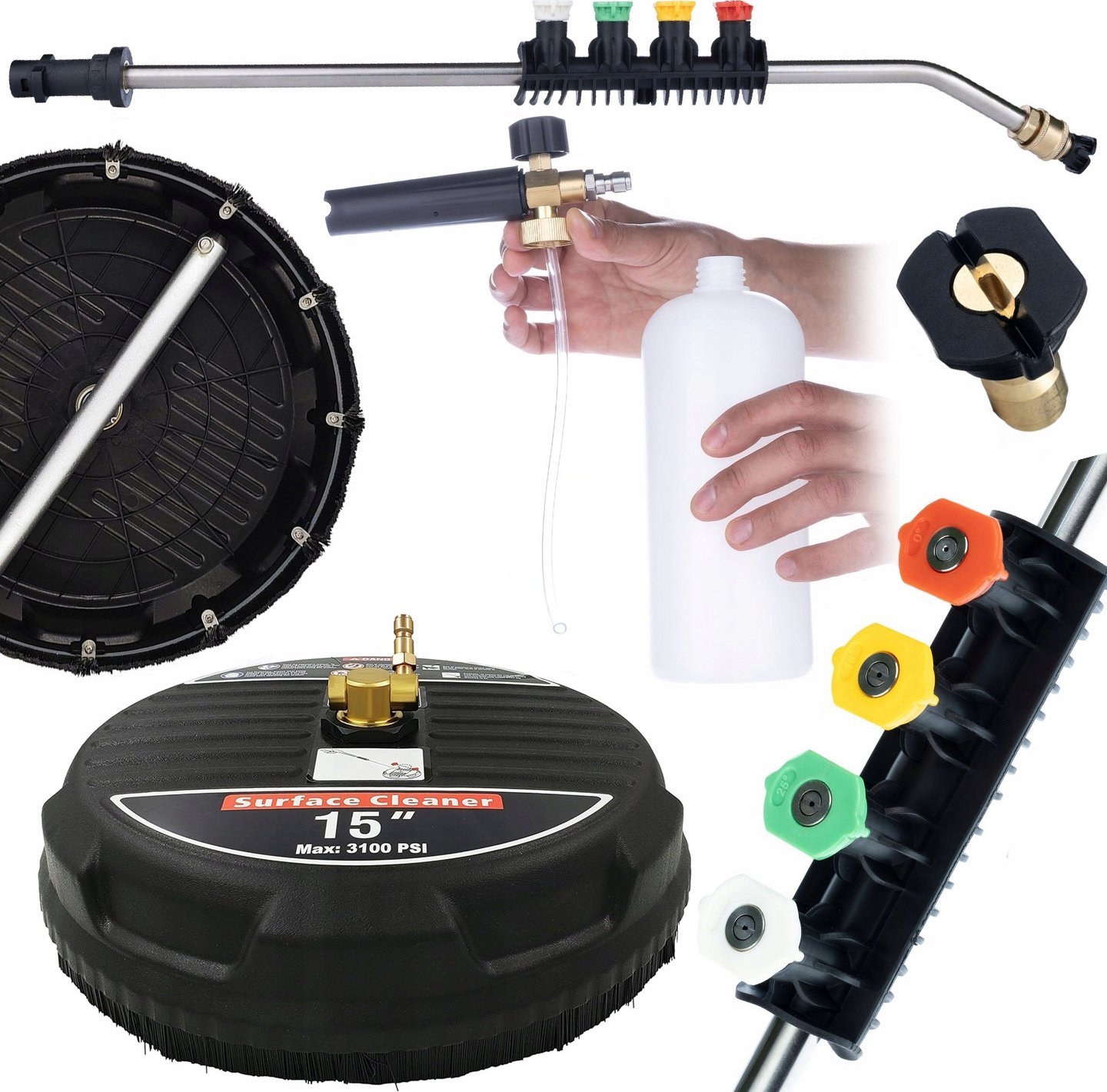 Rosfix Rosfix Profesjonalna szczotka do kostki T-Racer 15" z szybkozłączką 1/4" + Lanca do myjki ciśnieniowej 1/4" zagięta 15, 5 dysz + Pianownica 100