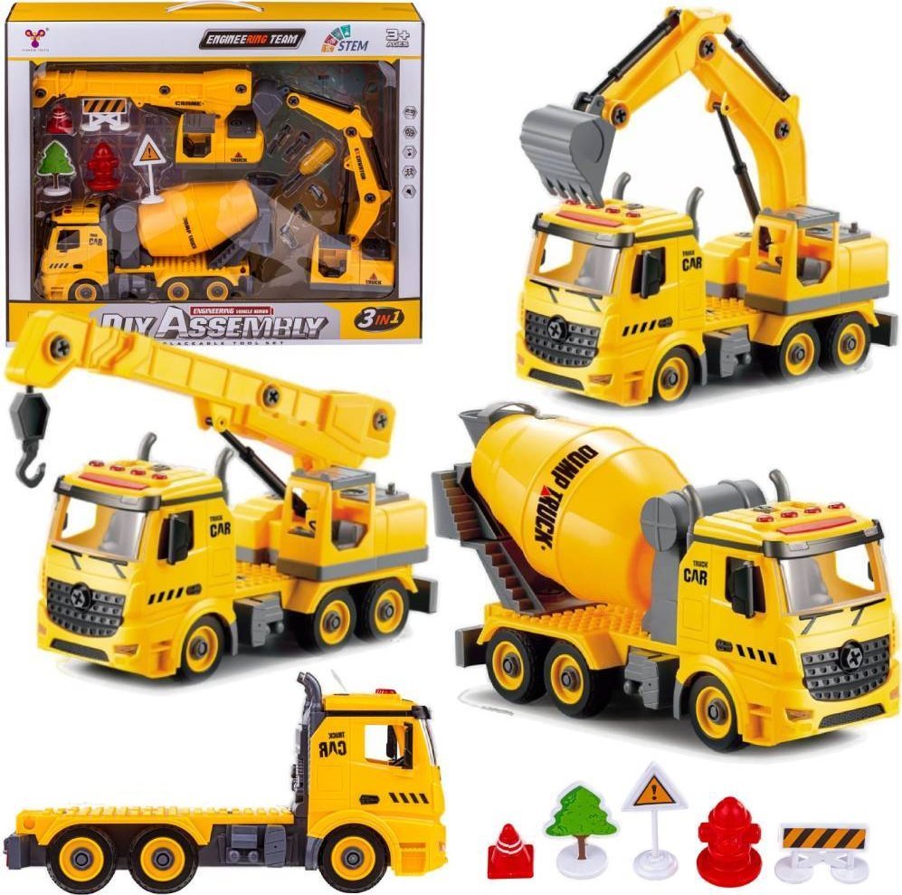 DK Ciężarówka 3w1, Samochód Ciężarowy Do Rozkręcania, Betoniarka, Koparka, Dźwig Z Hakiem