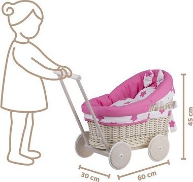 WickerPL LUNA WÓZEK WIKLINOWY DLA LALEK Z OBSZYCIEM RÓŻOWYM 60X30 H45 CM