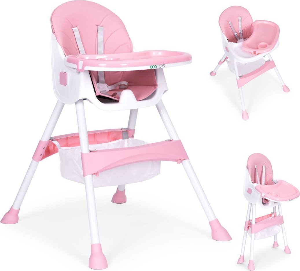 Fotelik krzesełko do karmienia dzieci tacka kosz 5 punktowe pasy różowy ECOTOYS