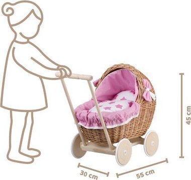 WickerPL LILI WÓZEK WIKLINOWY DLA LALEK Z Różowym OBSZYCIEM 48X28 H26/47 CM